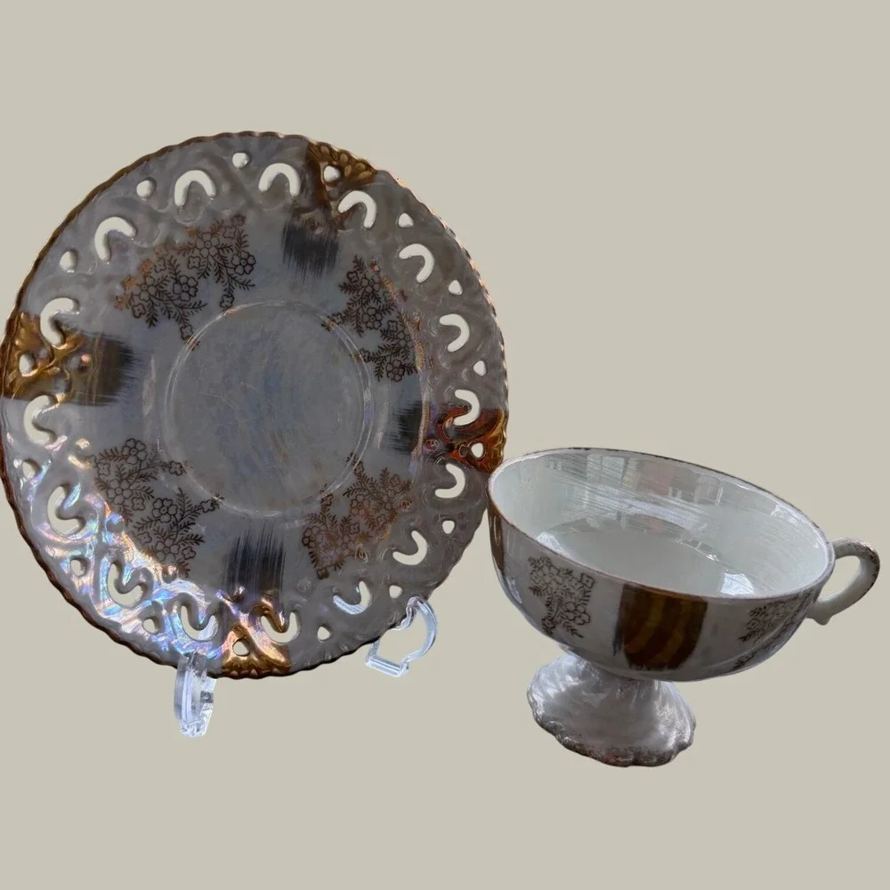 Vintage Iridescent Lusterware Footed Teacup and Pierced Reticulated Saucer Set